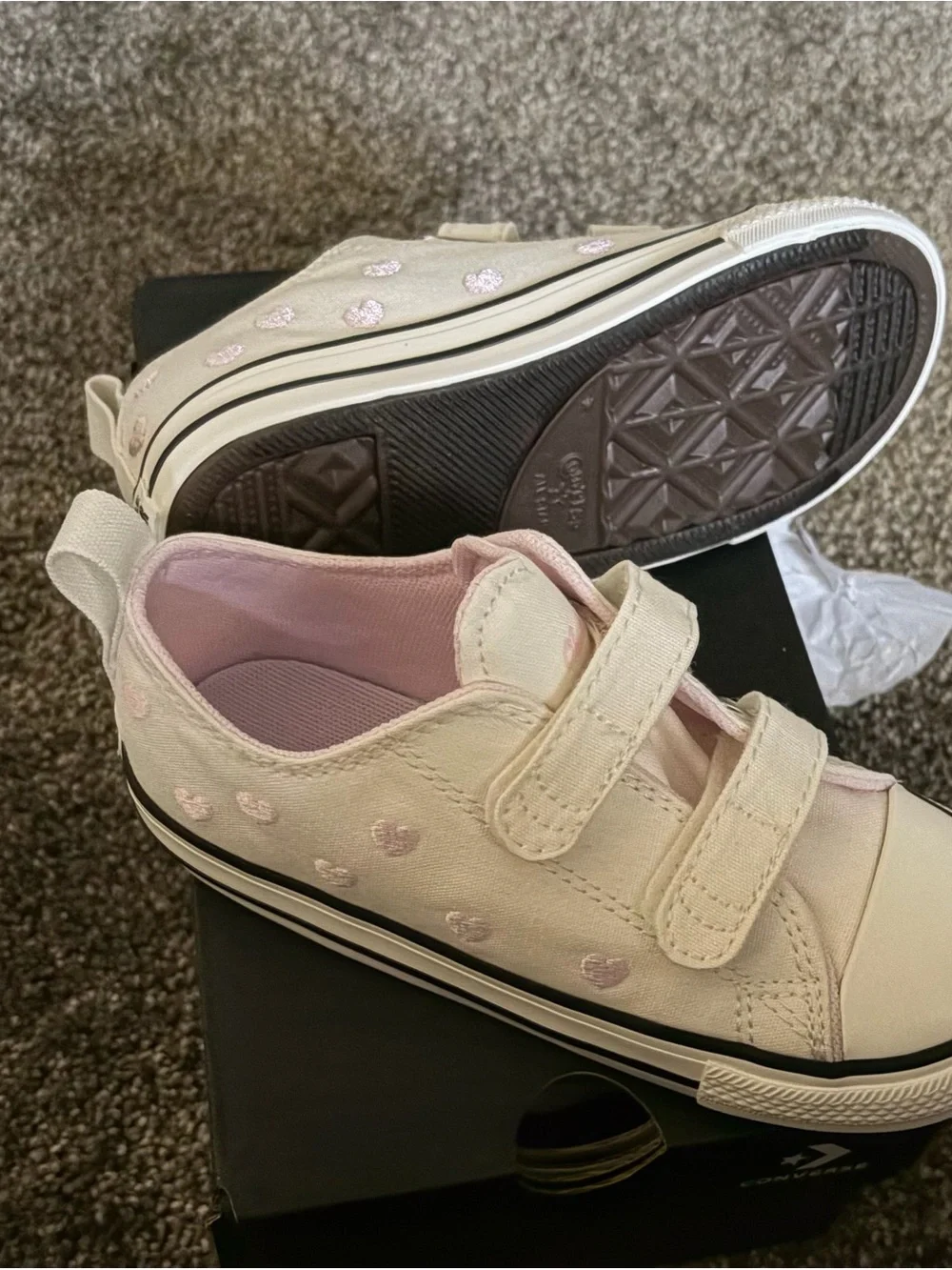 Converse Kids Canvas Sneakers in Cream with Pink Hearts